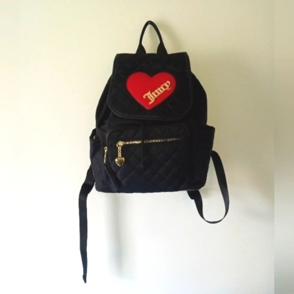 💝Juicy Couture *Rare* Black Cross My Heart Backpack VTG Red Appliqué Heart NWT